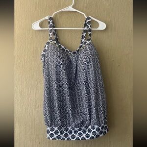 Land’s End Tankini Top Size 8 D swim top navy blue white blouson 507905 8 Dcup